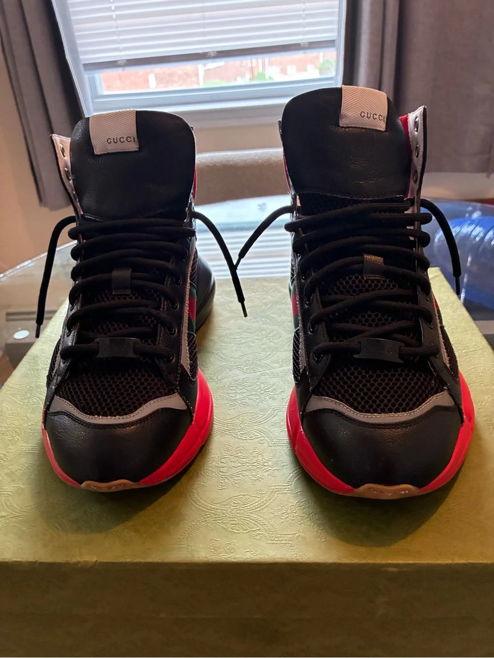 Gucci Black High-Top Sneakers with Red & Green Accents
